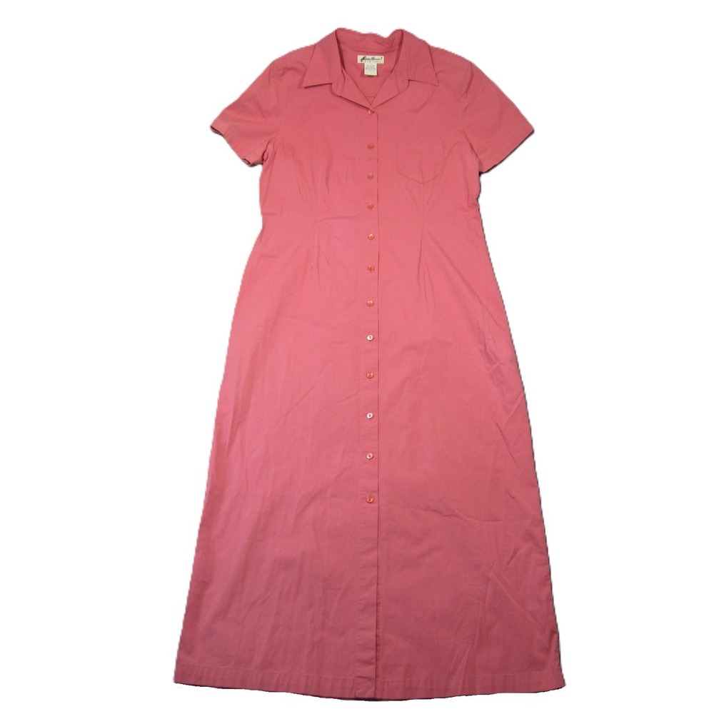 Eddie Bauer‎ Maxi Shirt Dress L Coral Pink Short Sleeve Button Up Preppy Coastal